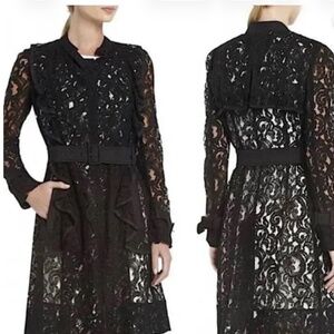 Black Lace Belted Trench Dress S